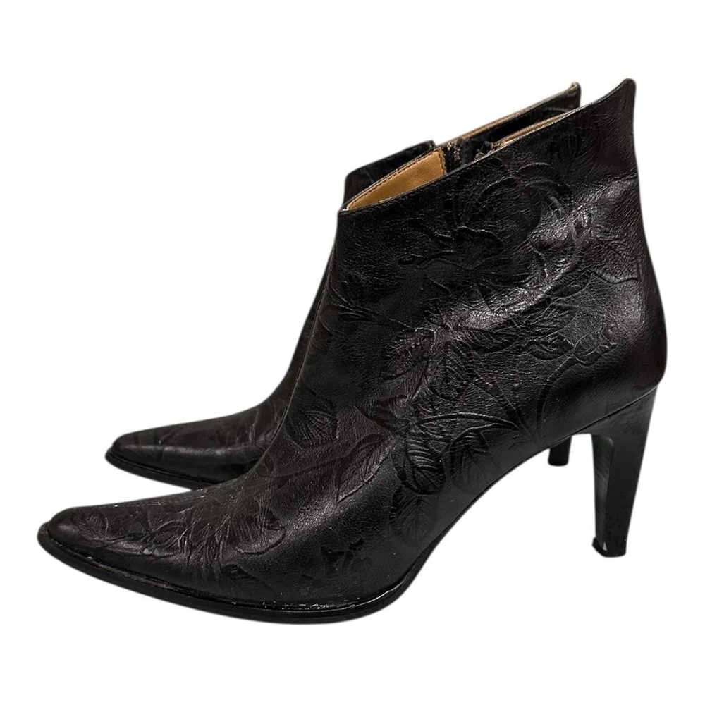 Leather Boots Womens Size 9 Black Floral Ankle Booties High Heel Made Italy